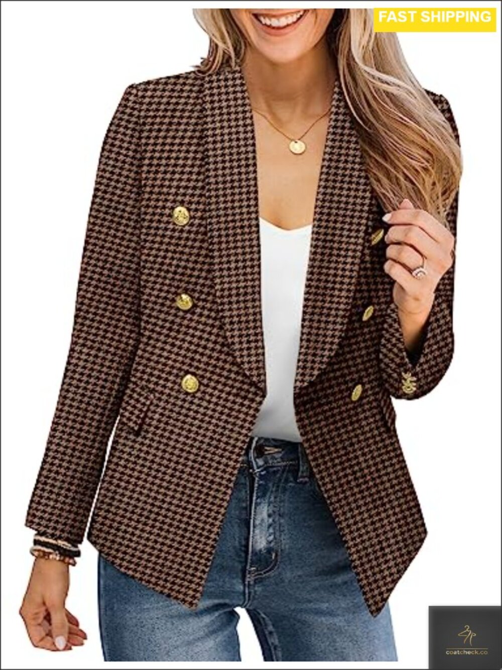 Womens Casual Blazer Jacket Gold Button Long Sleeve Work Office Suit Jacket